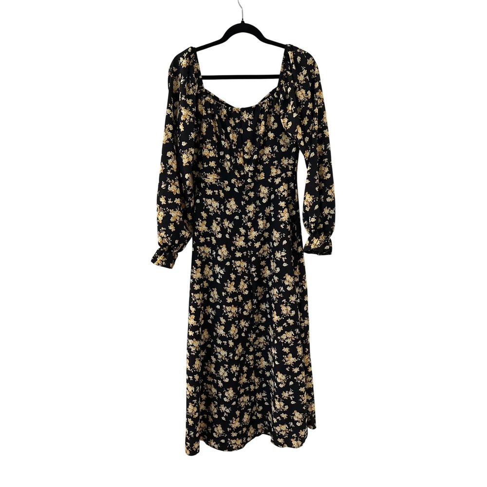 Floral Midi Dress Black Yellow Cottagecore Long Balloon Sleeve Slit L Babydoll - Picture 5 of 12